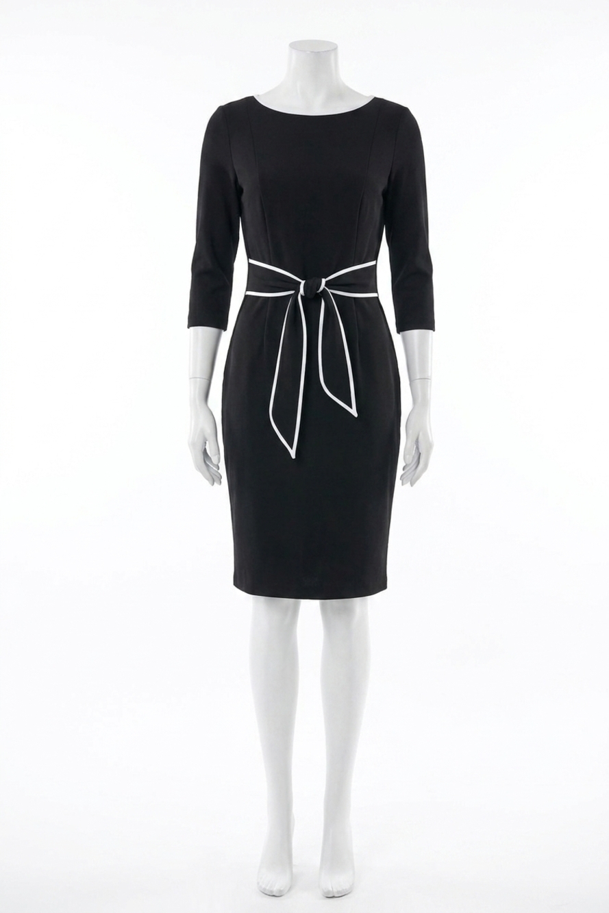 NEW JOSEPH RIBKOFF contrast trim waist tie sheath dress in black/white